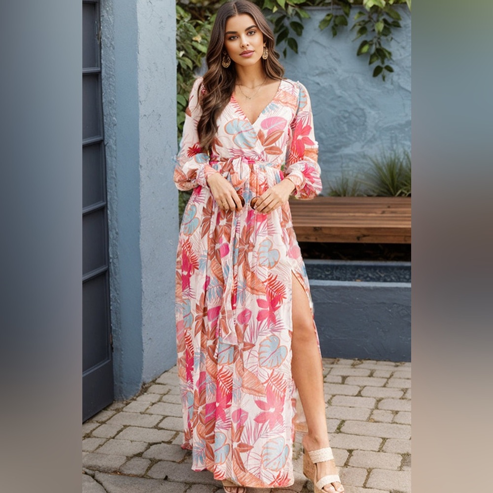 Pink Lily Pink Maxi Dress with V-Neck and Bishop Sleeves
